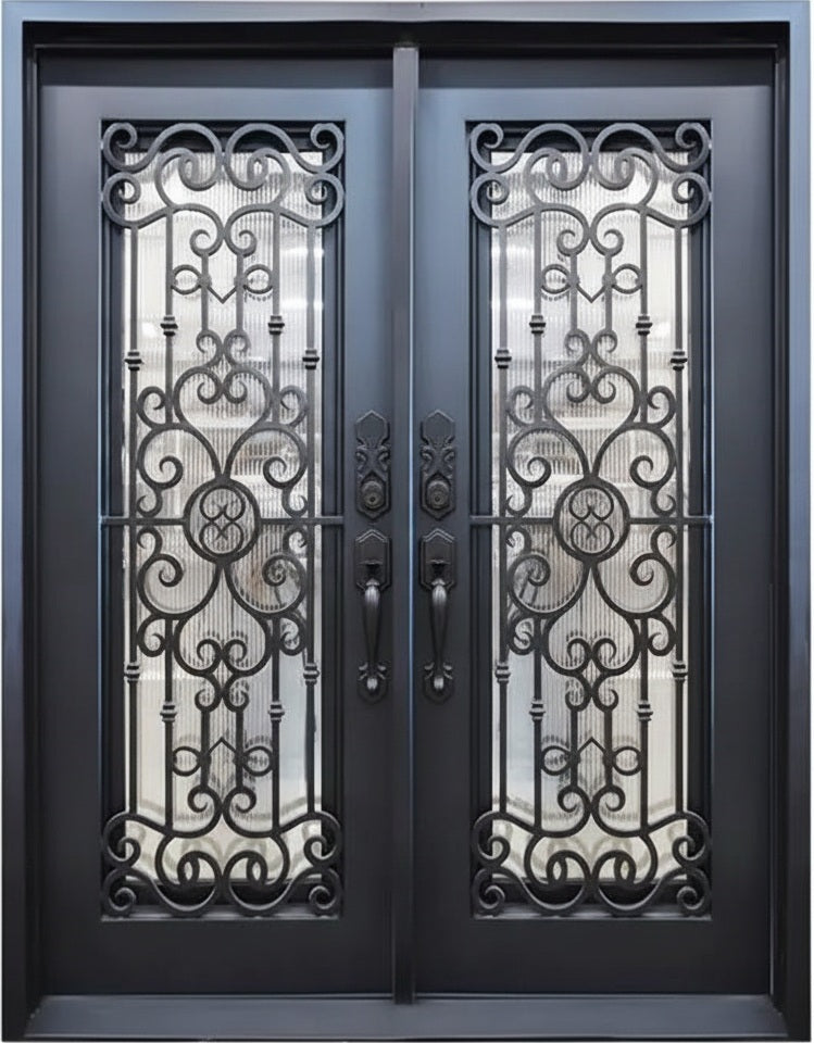 Wrought Iron Double Door with Square Top, Ornamental Scroll Panels, and Center Medallions – Model # IWD962