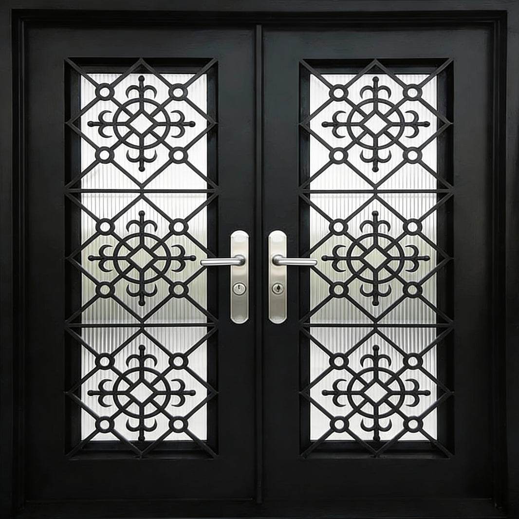 Wrought Iron Vatican Door with Square Top and Tiered Scroll Panels – Model # IWD966