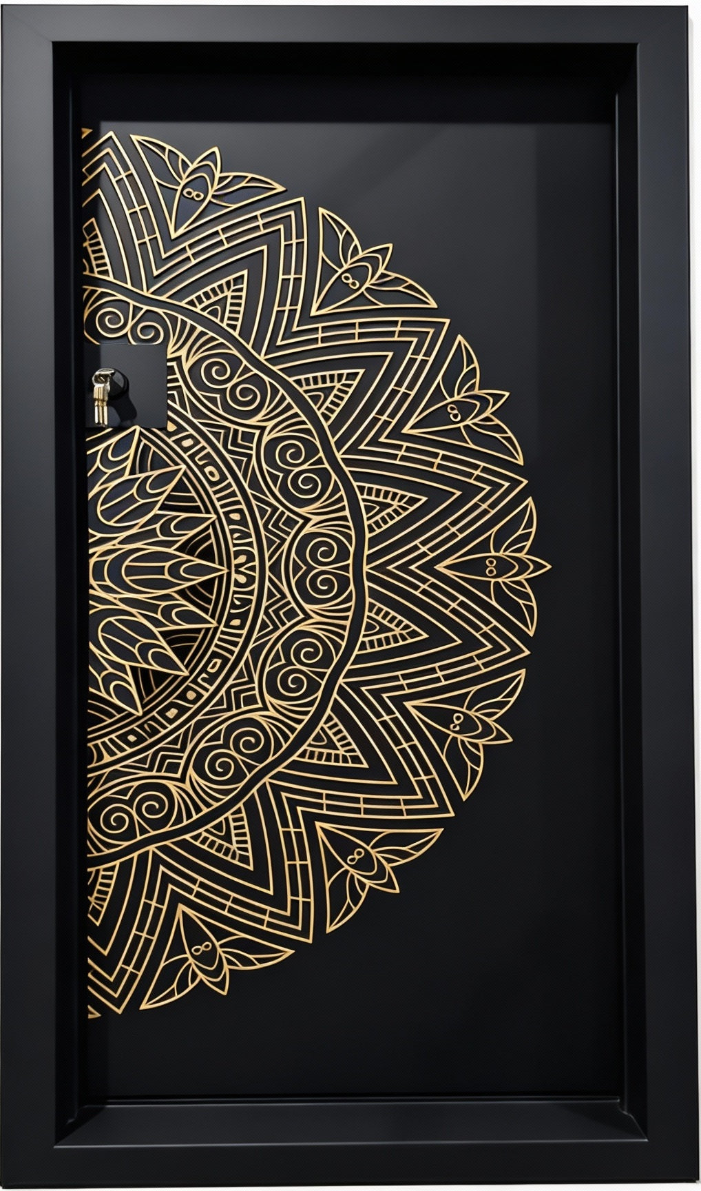 Mandarose Passage – Ornamental steel man door with golden mandala etching and black matte contrast Model IWD973