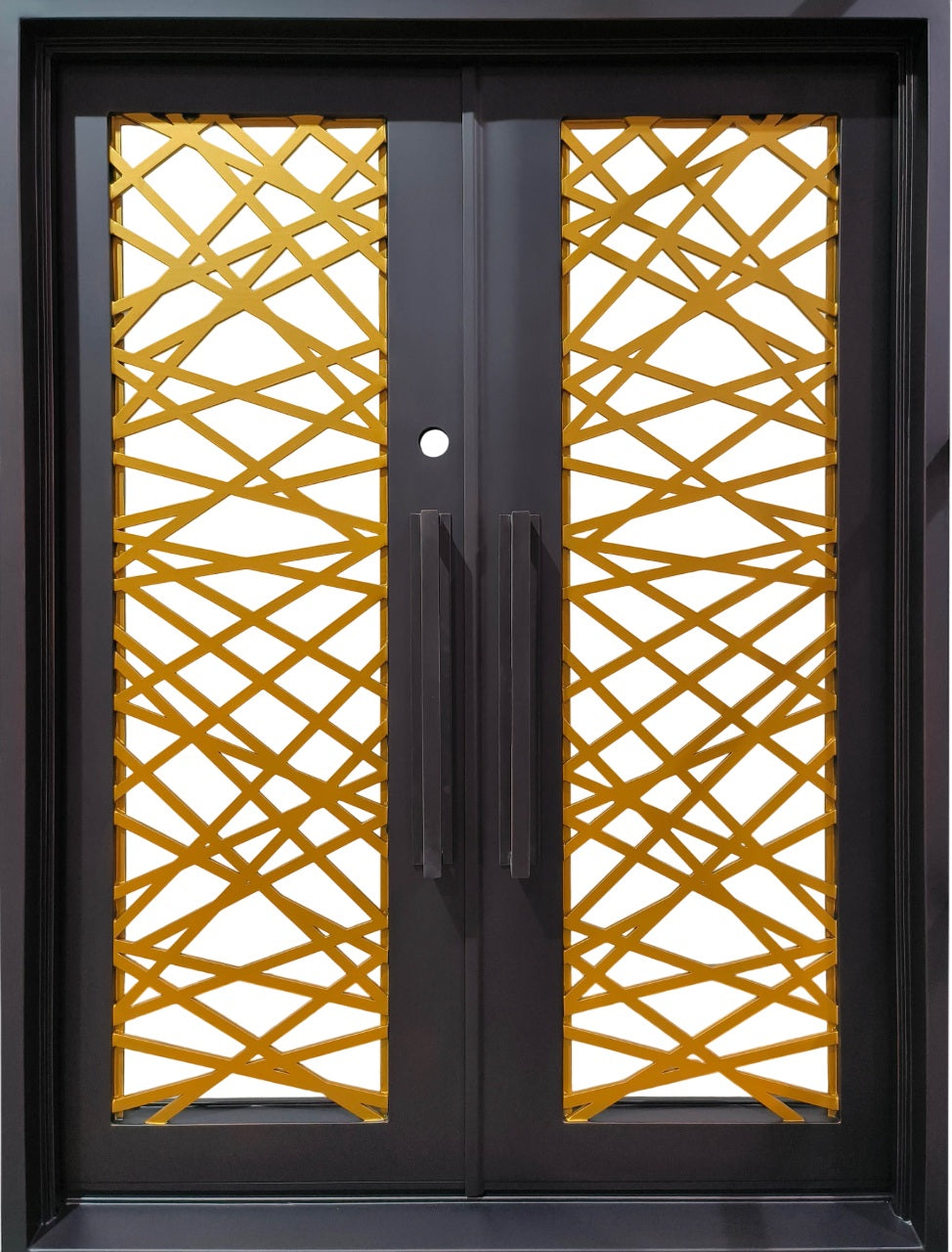Contemporary Wrought Iron Double Entry Doors – Black & Gold Geometric Scrollwork with Central Handles | Model IWD 973