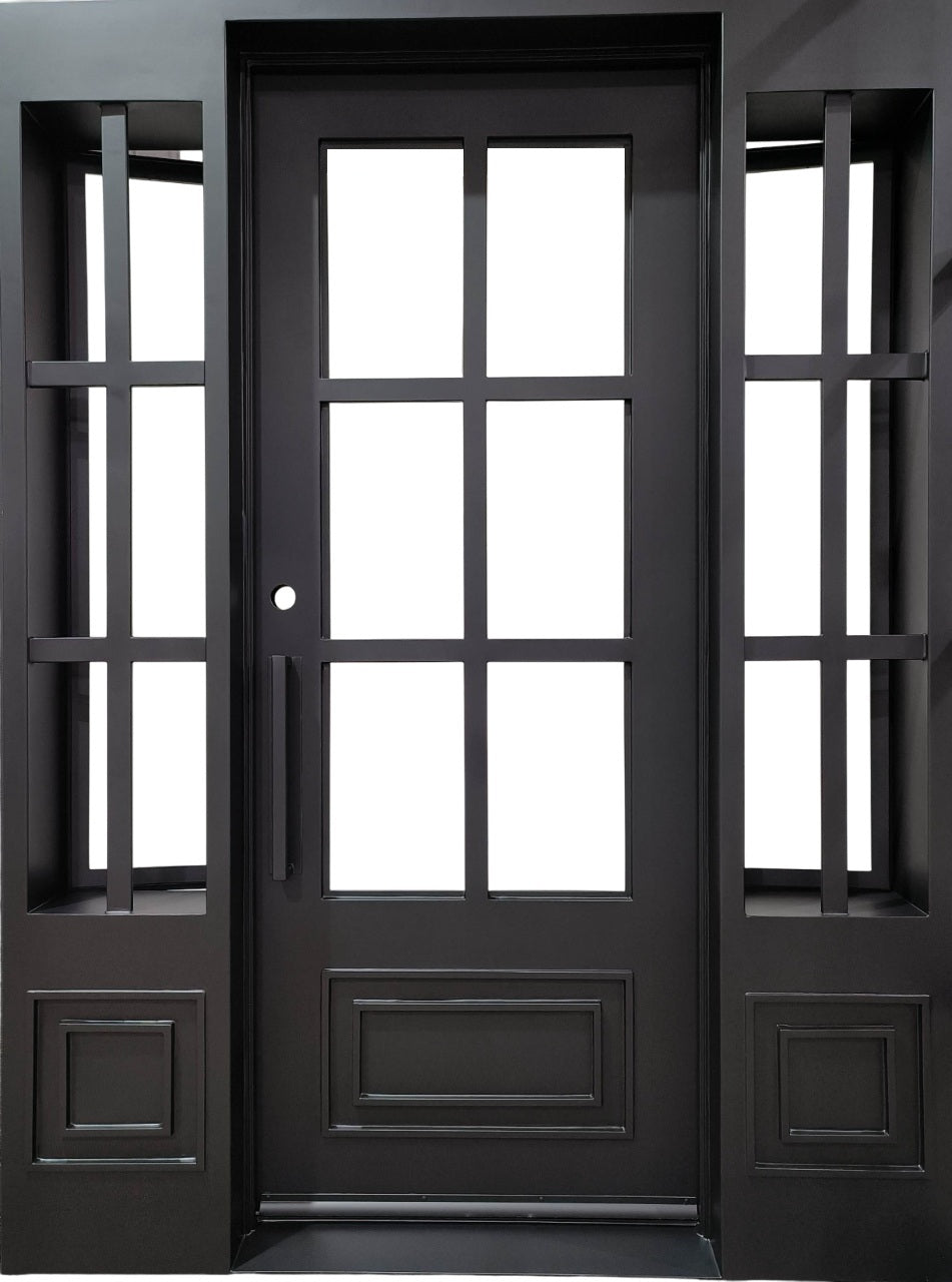 French Classic Wrought Iron Entry Door with Square Top, Kickplate Panel, and Decorative Scrollwork Model # IWD 974