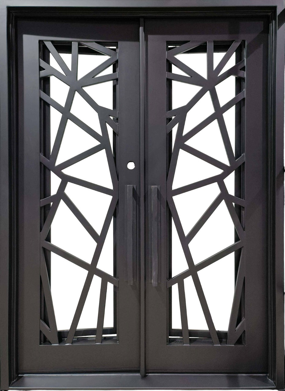 Modern Wrought Iron Double Door with Geometric Diagonal Bar Design – Model # IWD 975