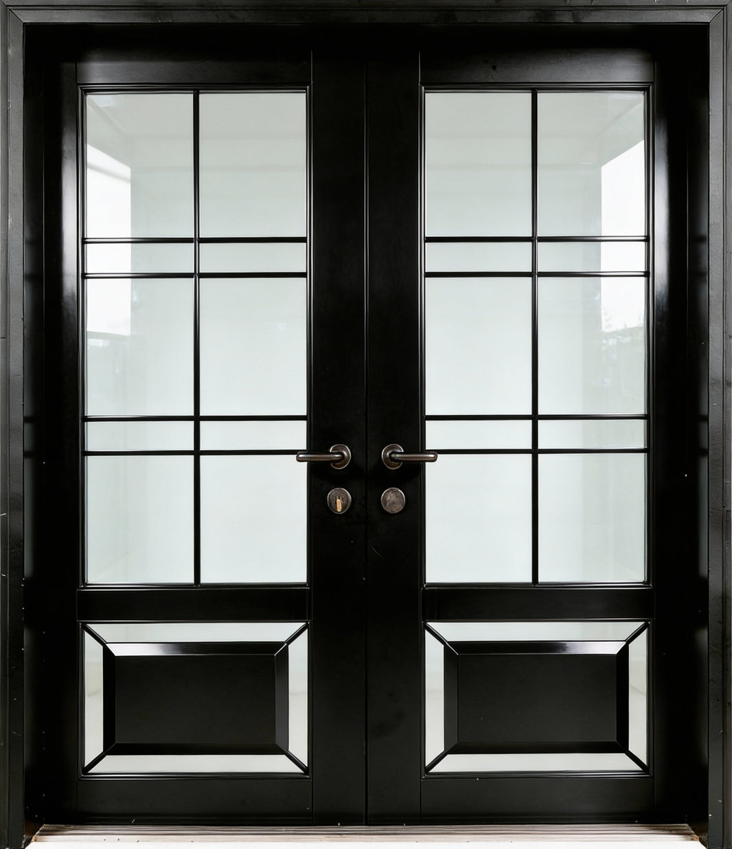 Modern Wrought Iron Double Door with Square Top and Horizontal Glass Panel Layout – Model # IWD979