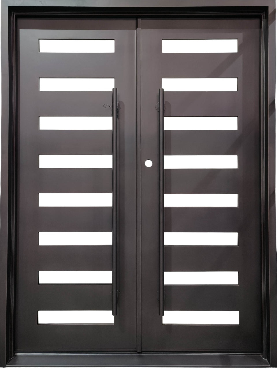 Modern Wrought Iron Double Door with Square Top and Horizontal Glass Panel Layout – Model # IWD 979