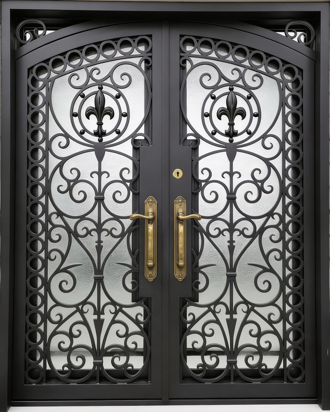 Arched Wrought Iron Double Door with Fleur-de-Lis Scrollwork and Bronze Finish – Model # IWD980
