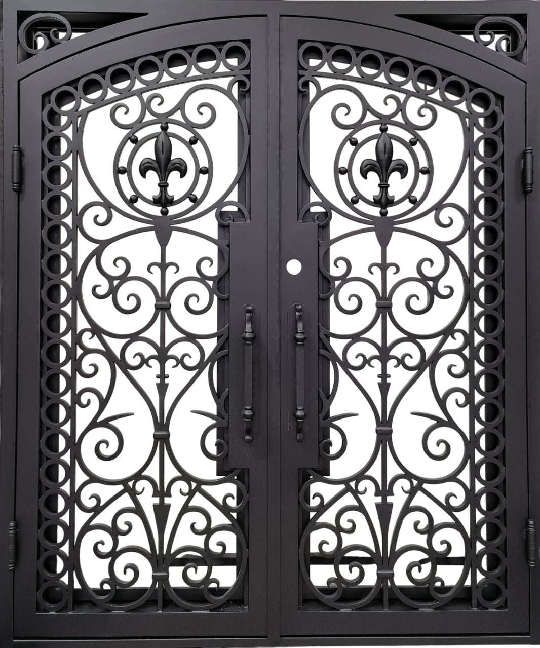 Arched Wrought Iron Double Door with Fleur-de-Lis Scrollwork and Bronze Finish – Model # IWD 980