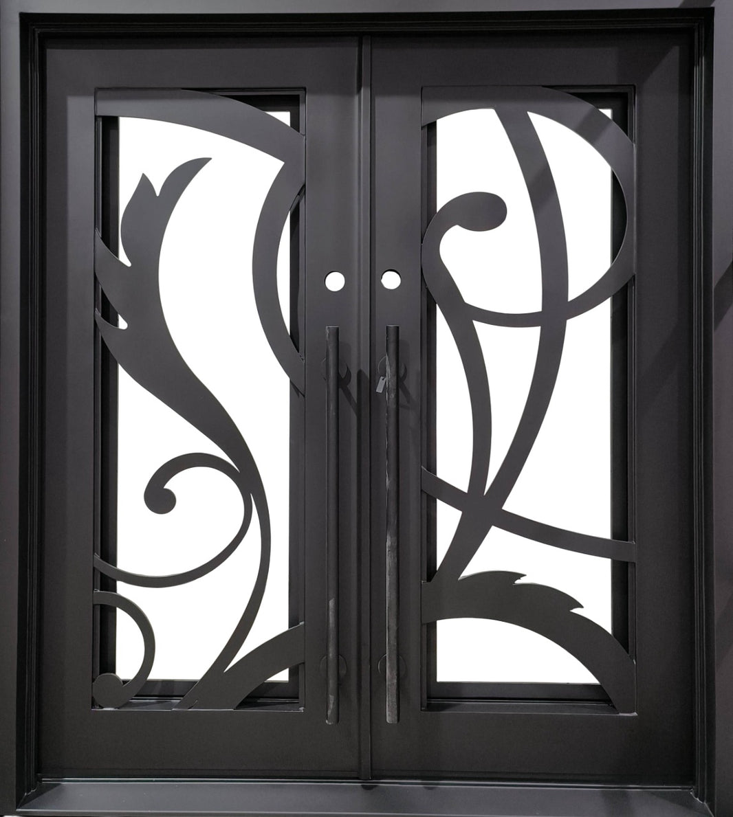 Wrought Iron Double Door with Square Top, Vine Scrollwork, and Center Medallions – Model # IWD 990