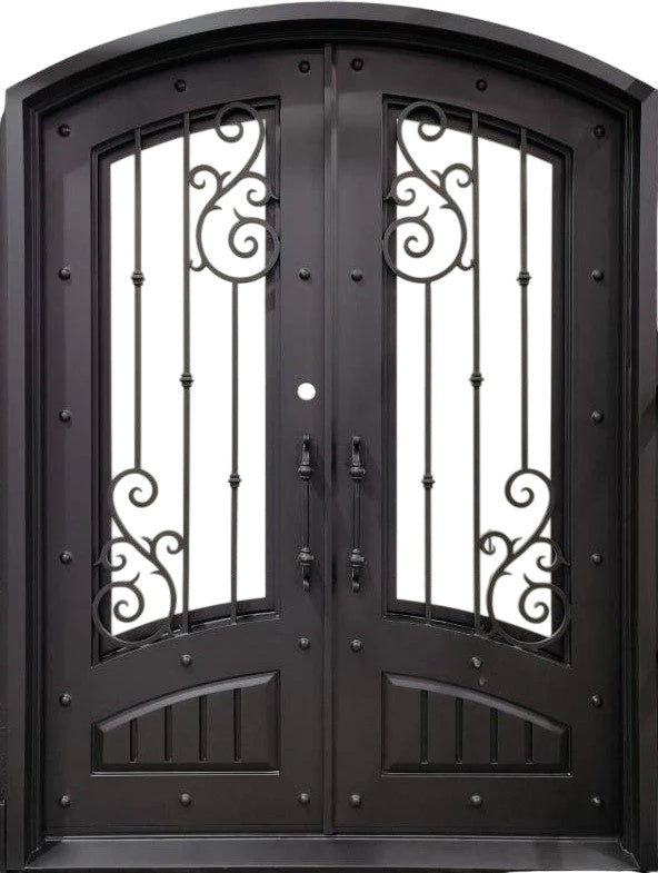 Elegant Arched Double Iron Doors with Scrollwork & Vertical Paneling – Dark Bronze Finish | Model IWD 9900