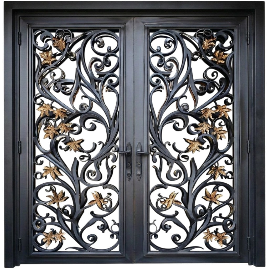 Decorative Wrought Iron Double Door with Gold Leaf Accents – TAIMCO Model IWD9901