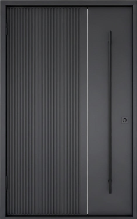 Vertical Ribbed Iron Entry Door with Smooth Panel Offset and Slimline Handle – Matte Black Finish | Model IWD993