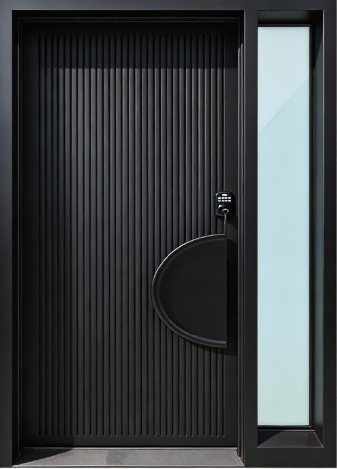 Contemporary Vertical Iron Entry Door with Matte Black Finish and Semi-Circular Stainless Detail | Model # IWD997