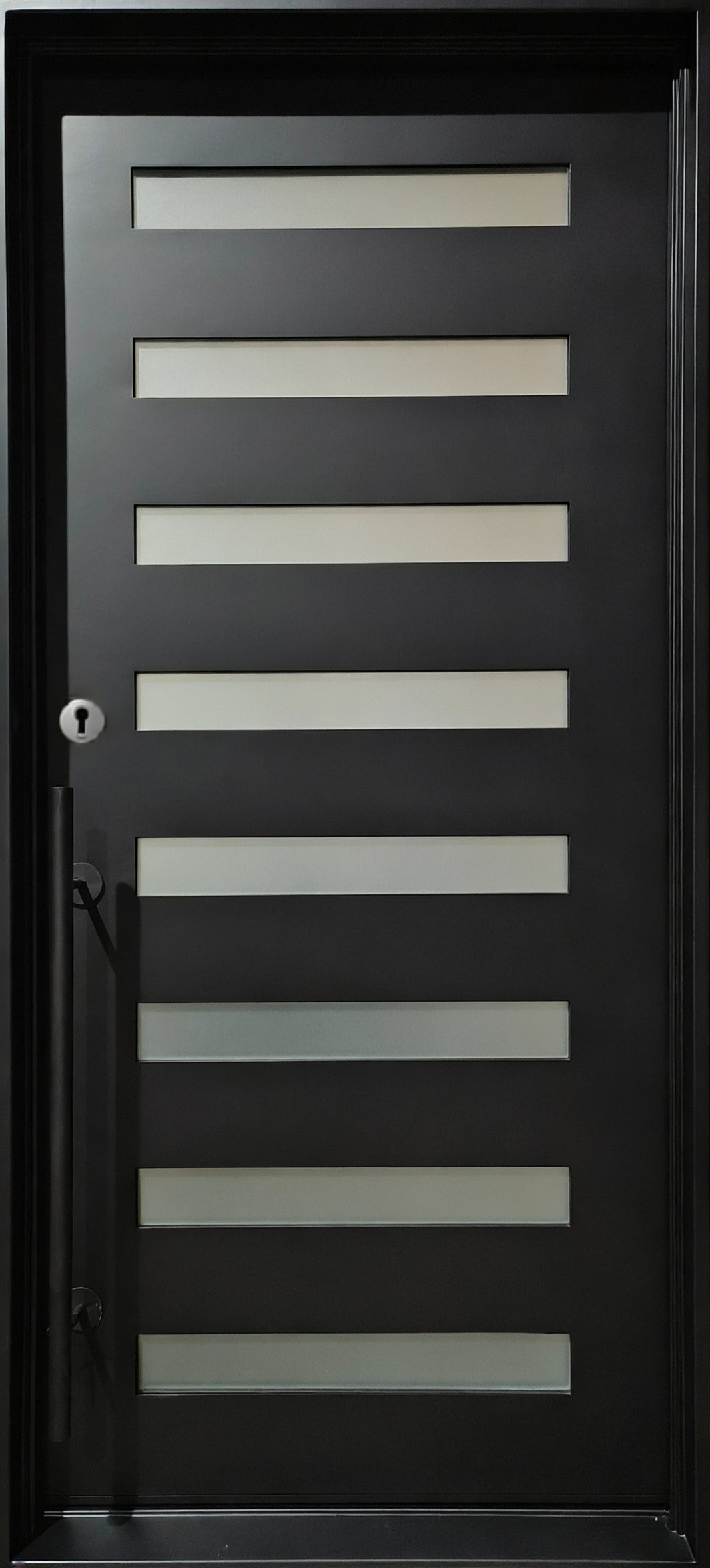 Modern Wrought Iron Door with Square Top and Horizontal Glass Panel Array – Model # IWD999