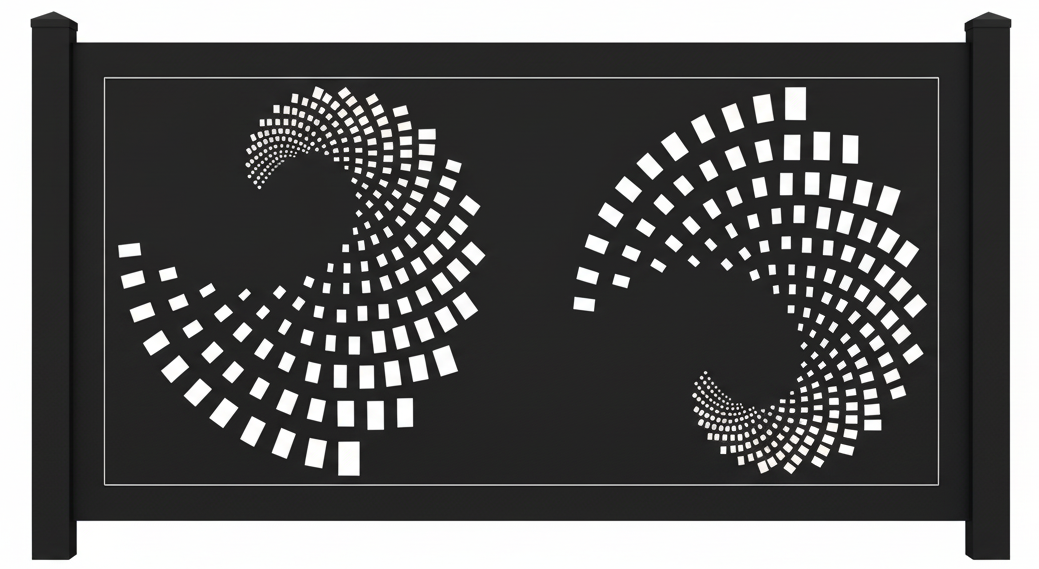 Geometric Dual Spiral Plasma‑Cut Steel Fence Panel | Modern Decorative Metal Privacy Screen Model # LFP967