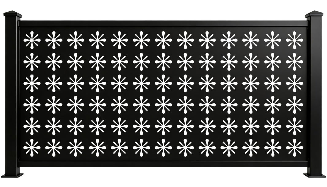 Floral Starburst Grid Plasma‑Cut Steel Fence Panel | Decorative Modern Metal Privacy Screen Model # LFP982