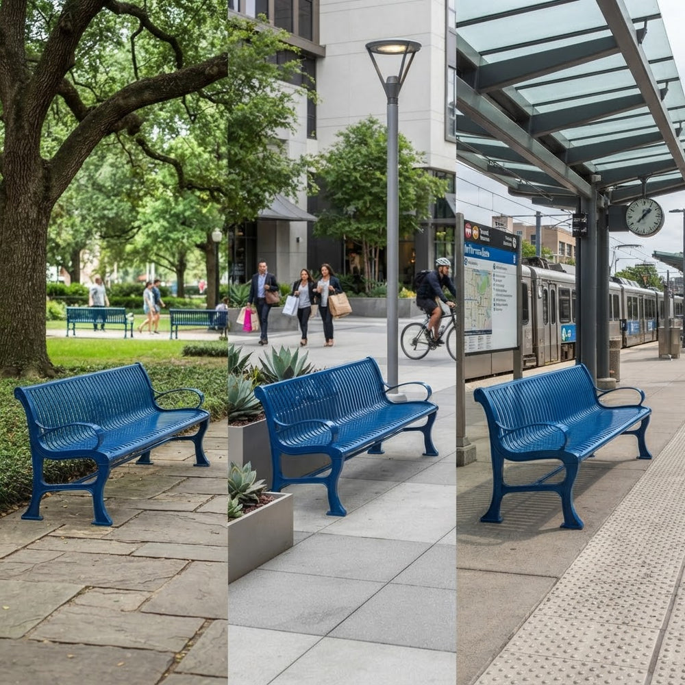 A three-panel collage showing a blue metal bench in different real-world settings: a park, a city sidewalk, and a train station platform.