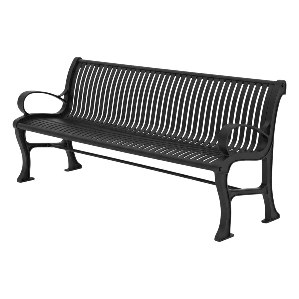 A black metal outdoor bench with a slatted back and seat, shown at a three-quarter angle on a plain white background.