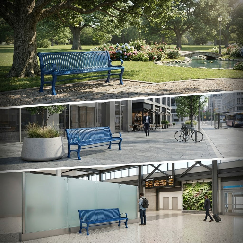 A three-panel collage showing a blue metal park bench in different real-world settings: a tree-lined park, a plaza near storefronts, and an indoor transit or exhibition space.