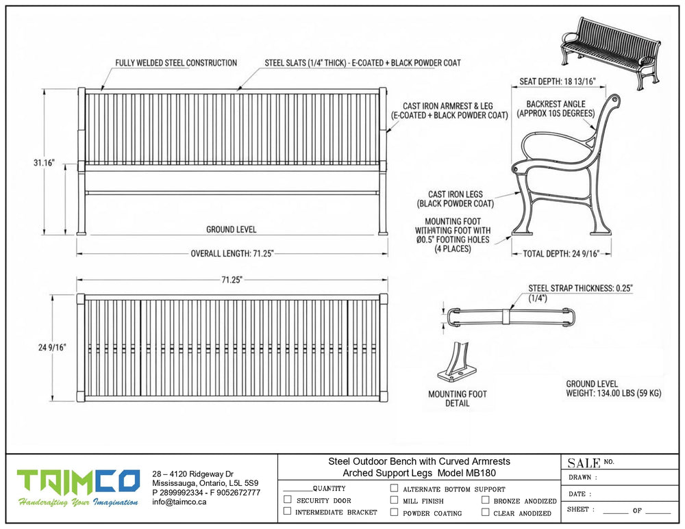 Technical specification sheet and dimension drawing for a Taimco Steel Outdoor Bench with Curved Armrests, Model MB-180, showing front, side, and detail views with measurements, materials, and seating dimensions.