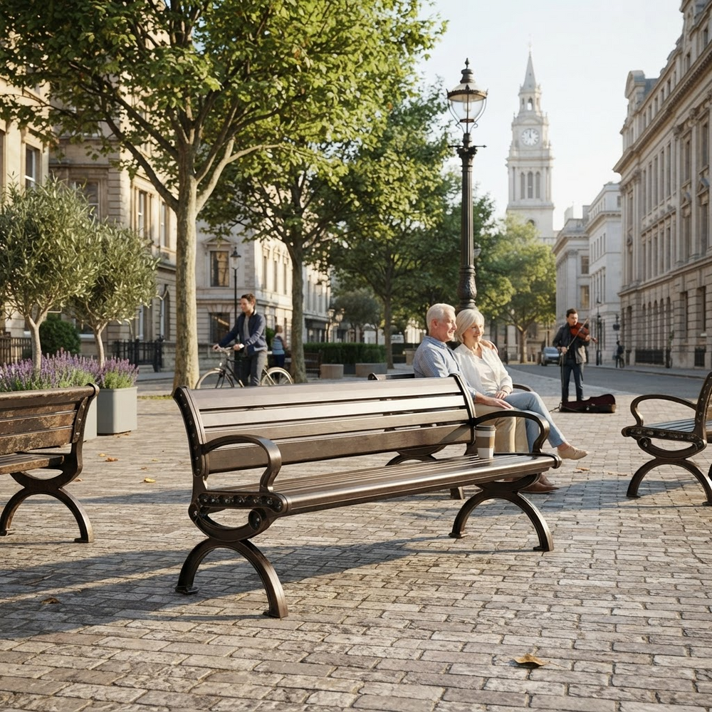 A wooden park bench with dark metal arms and legs sits on a cobblestone plaza in a city square, with an elderly couple seated on it. Trees, historic buildings, and a street lamp are visible in the background.