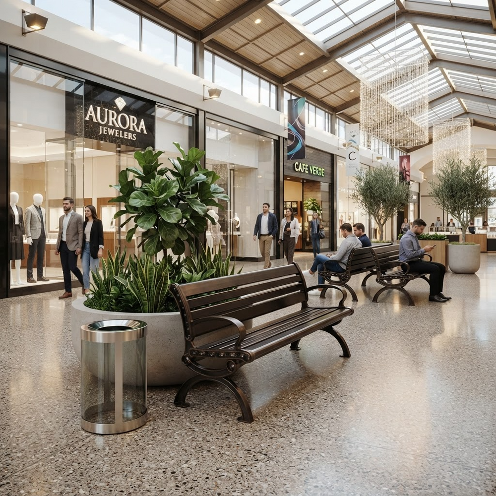A modern shopping mall interior with wooden park benches, large potted green plants, a stainless steel trash can, and shoppers walking or sitting in a bright, upscale atrium. Visible storefront signs include Aurora Jewelry and Cafe Terrace.