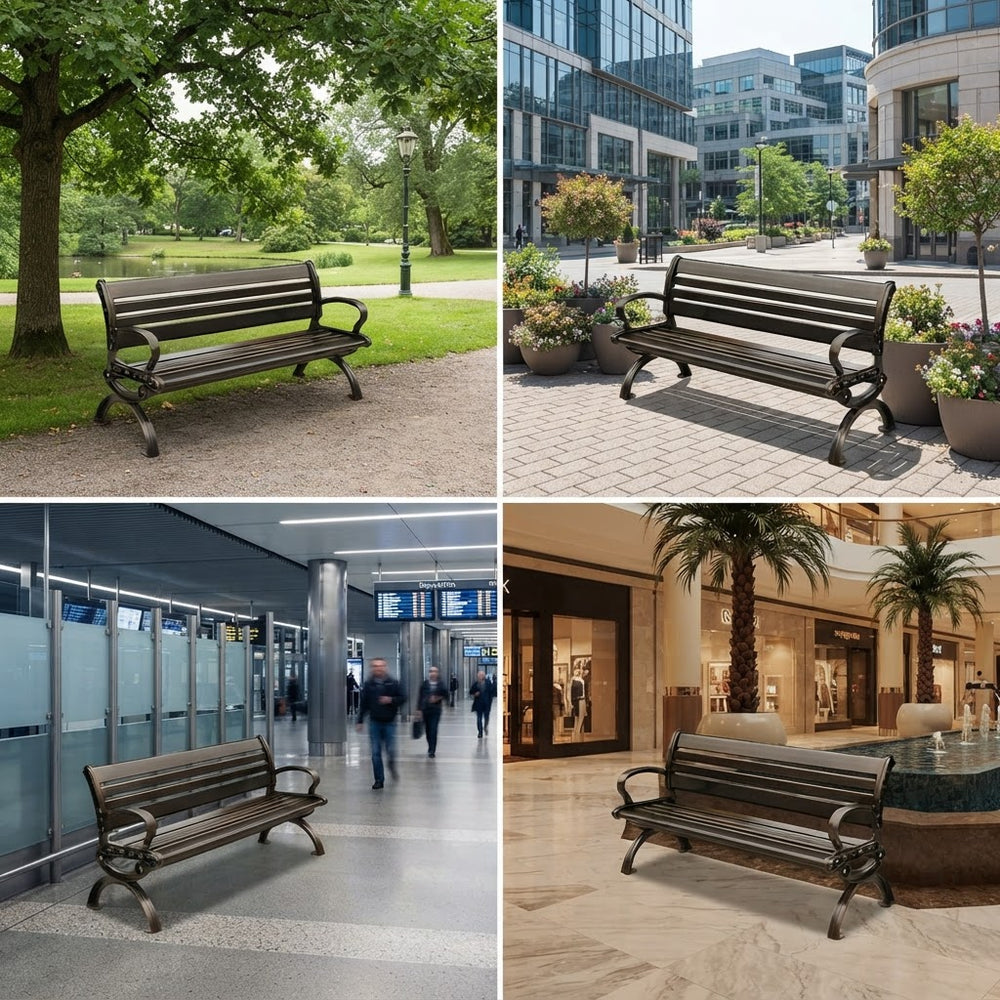 A four-panel collage showing a dark brown wooden park bench in different real-world settings: a park with trees, a modern plaza with buildings, an airport terminal, and a shopping mall interior.
