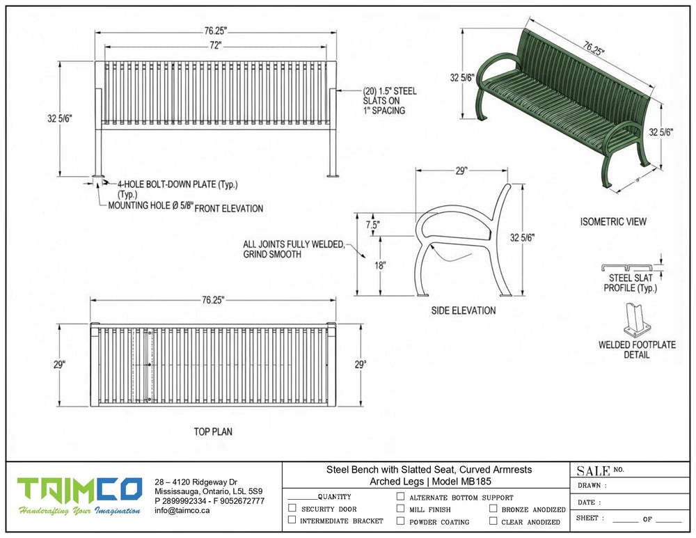Technical drawing of a steel bench with labeled dimensions, showing front elevation, top plan, side elevation, isometric view, and detail callouts on a white background. Taimco branding appears at the bottom.