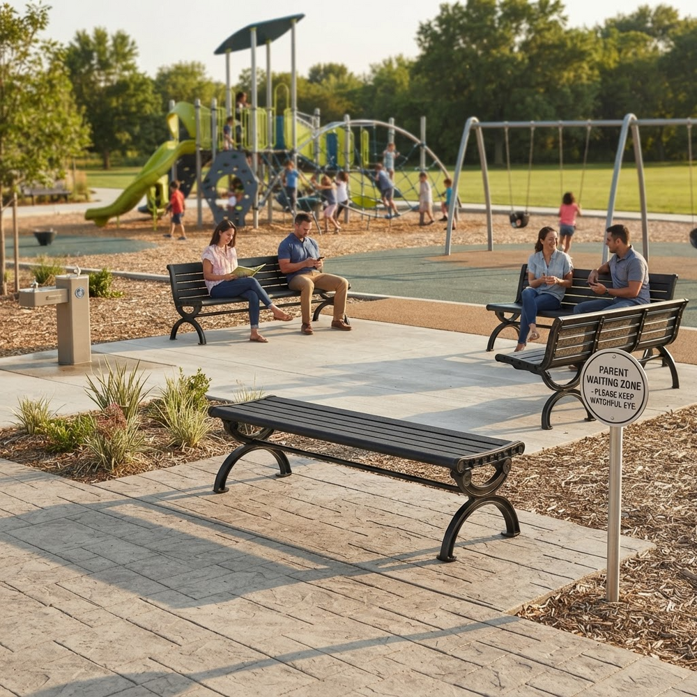 A modern black metal park bench in the foreground of a sunny playground, with several people sitting on benches in the background on a paved walkway.