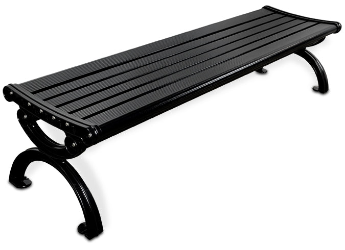 A black metal park bench with a slatted seat and curved decorative legs, shown on a plain white background.