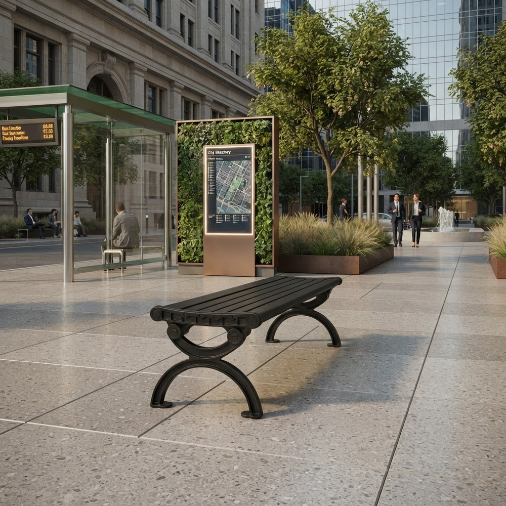 A black slatted outdoor park bench with curved legs in a modern city plaza, with a bus stop shelter, trees, and pedestrians in the background.