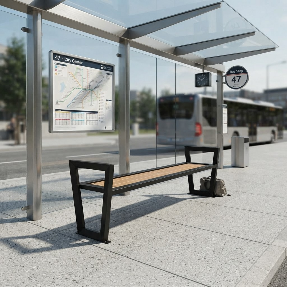 A modern outdoor bus stop shelter with a bench, glass panels, and a transit map display, shown in a real urban environment with a bus and street in the background.