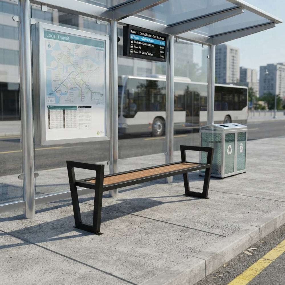 A modern outdoor bus stop shelter with a bench, a digital departure board, a transit map, and a recycling bin, shown in an urban street setting with a bus in the background.