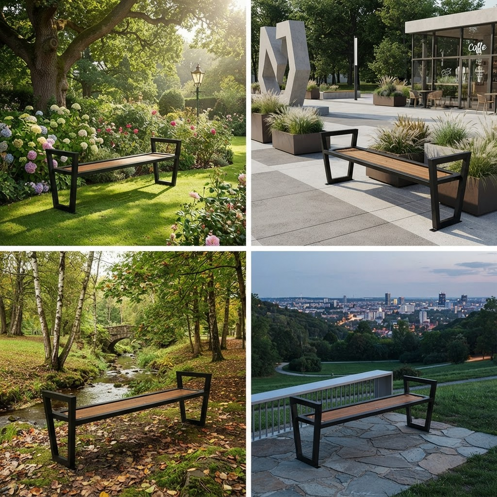 A four-panel collage showing a modern outdoor bench in different real-world settings: a sunlit garden, a plaza beside a building, beside a stream in a wooded area, and on a stone terrace overlooking a city skyline.