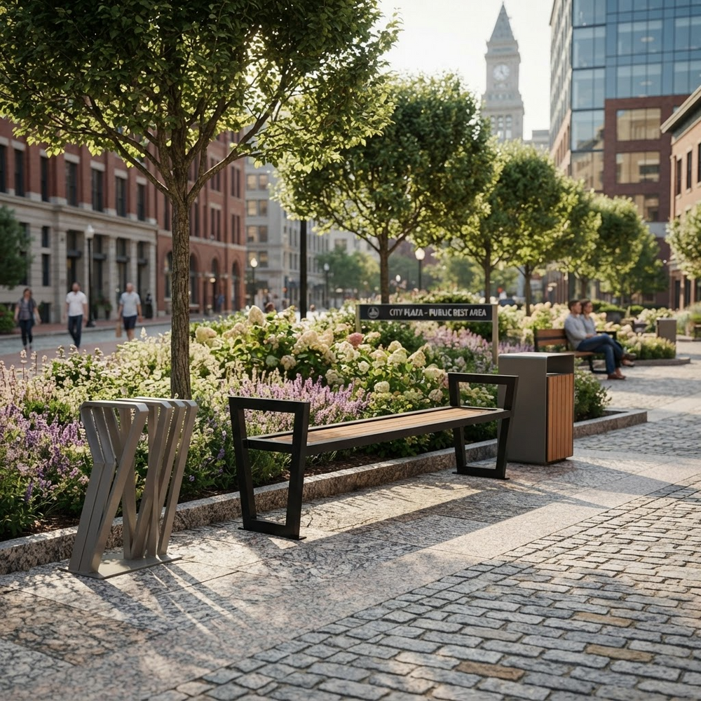 A modern urban plaza scene with a wooden bench and matching trash can beside a landscaped flower bed, trees, cobblestone walkway, and city buildings in the background.