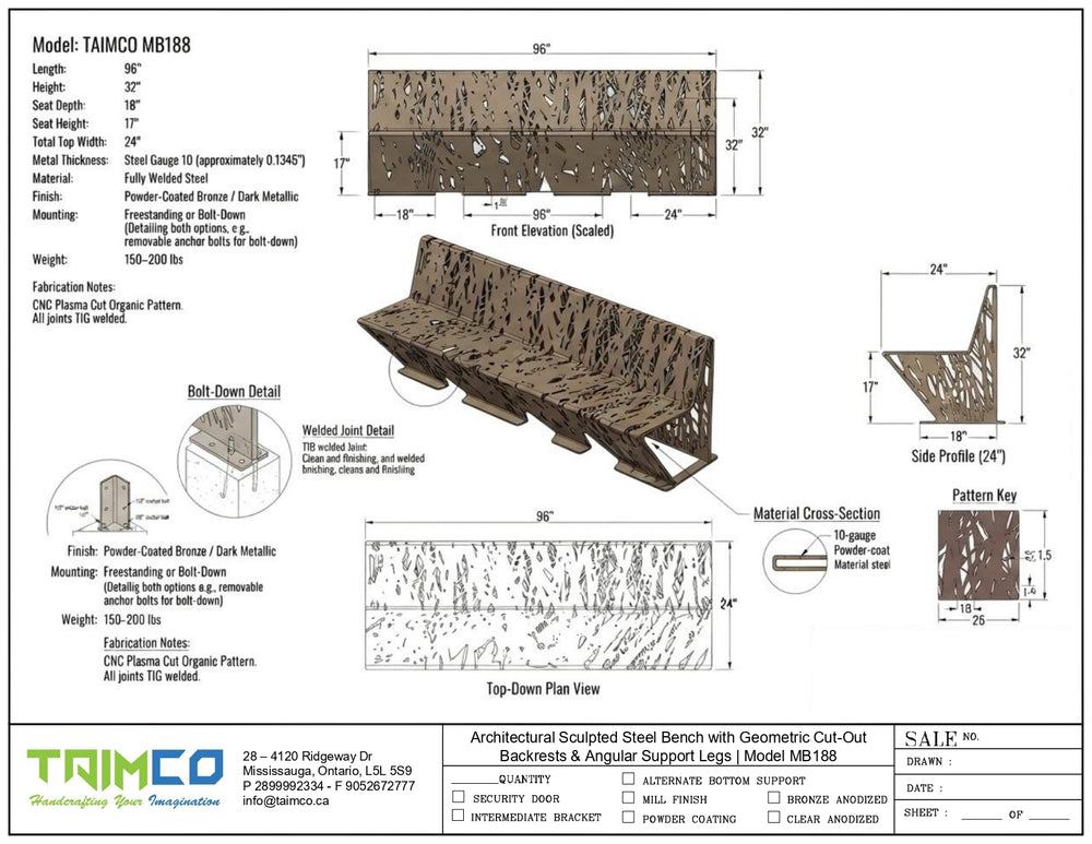 Technical specification sheet and rendering for the Taimco Steel Bench with Geometric Cut Backslashes and Angular Support Legs, showing front elevation, bottom views, material cross-section, and finish details.