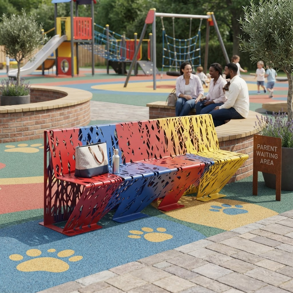 A colorful metal bench in a playground setting, featuring a red, blue, and yellow tiger-stripe pattern with black cutout details. A white tote bag and a water bottle rest on the bench, with children and adults sitting on a bench in the background.
