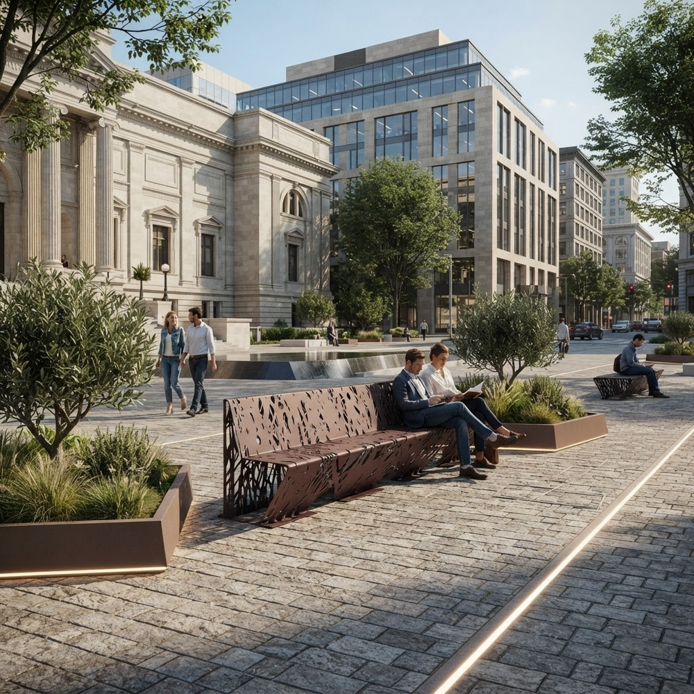 A modern urban plaza scene with people sitting on a sculptural brown bench in the foreground, surrounded by planters, trees, and contemporary office buildings under a bright sky.