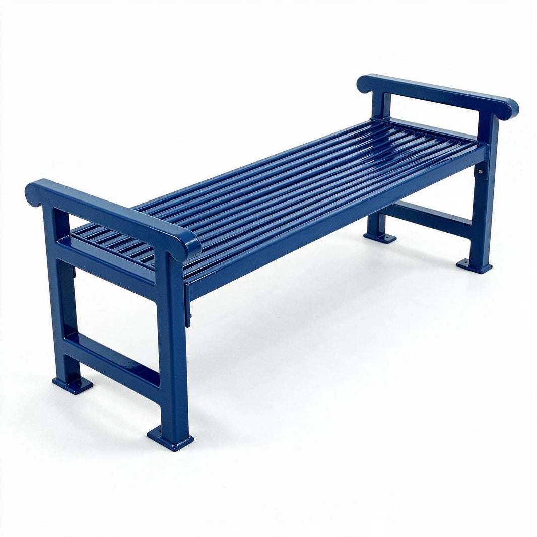 A blue metal bench with a slatted seat and armrests, photographed on a clean white background.