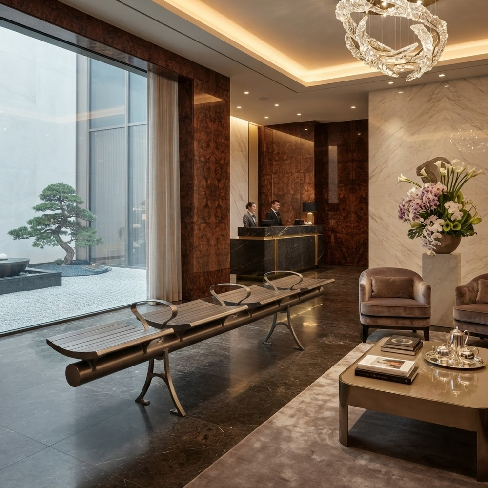 A luxury modern lobby interior featuring a long metallic bench, marble seating, a marble reception desk, and a large window overlooking a garden.