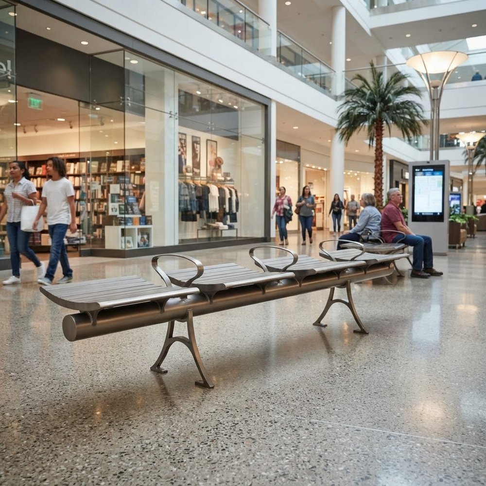 A long modern metal and wood waiting-area bench with curved armrests sits in a bright, multi-level shopping mall atrium. Several people are seated on the bench, and others walk past in the background near storefronts and palm trees.