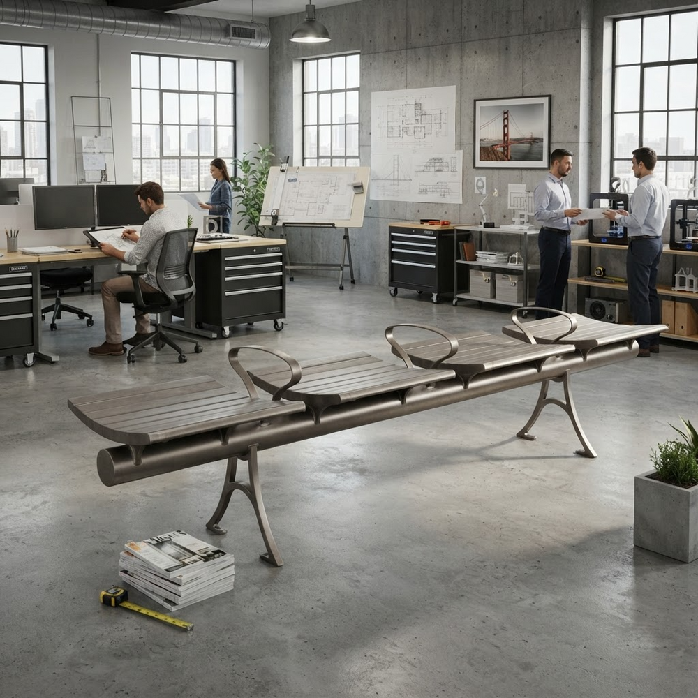 A long, modern metal bench with integrated armrests and a cylindrical backrest, shown in a spacious industrial office space with people working in the background.