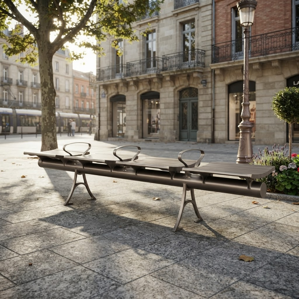 A long outdoor bench with five seats and integrated armrests, shown in a sunlit urban plaza with stone buildings, trees, and a lamppost in the background.
