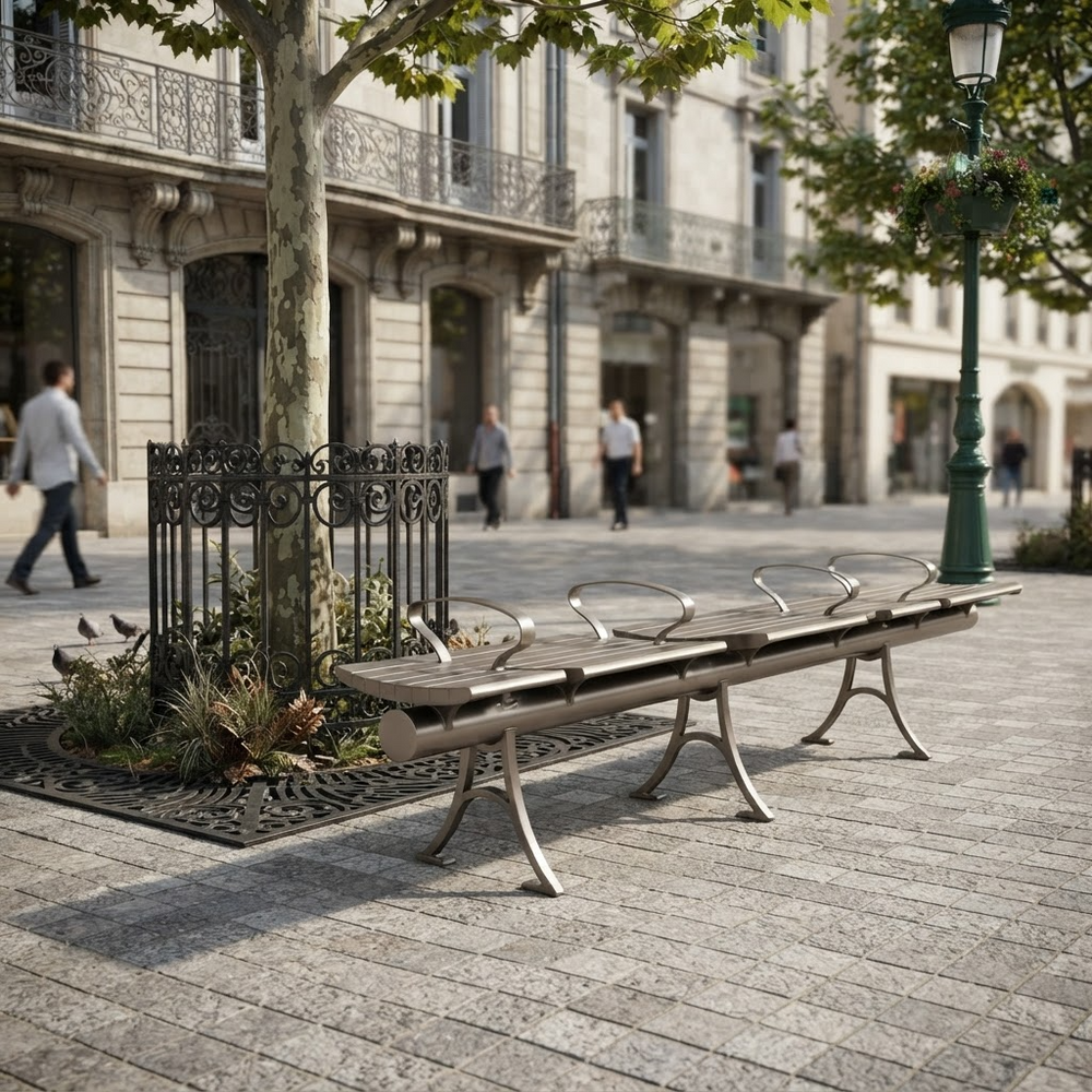 A modern metal street bench with curved armrests sits on a paved city sidewalk in front of a tree, with pedestrians and buildings blurred in the background.