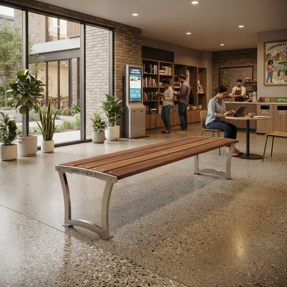 A modern wooden slat bench with curved silver metal legs sits in a bright, contemporary indoor plaza or library space with people working and reading in the background.