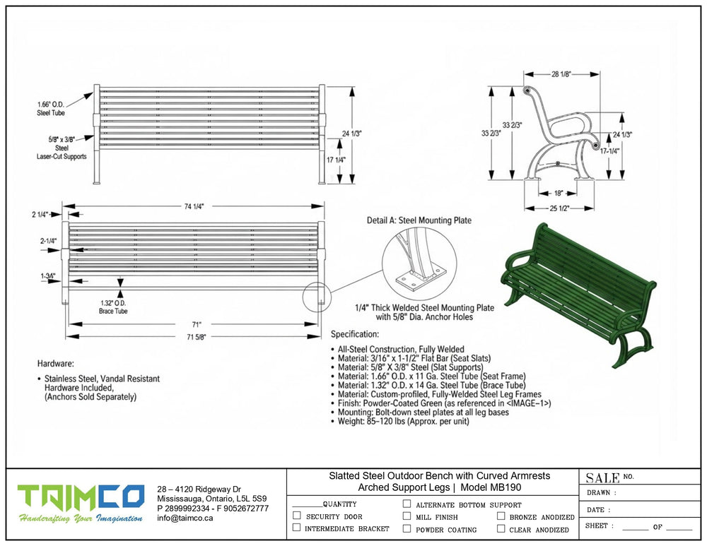Green slatted steel bench with curved armrests
Outdoor bench with arched legs and slatted backrest
Powder‑coated green metal bench for parks
Slatted steel bench installed on bolt‑down plates
Green park bench with curved arm supports
Welded steel bench with slatted design
Green slatted bench for parks and plazas
Public seating bench with arched steel legs
Weather‑resistant green steel bench
TAIMCO green slatted steel bench