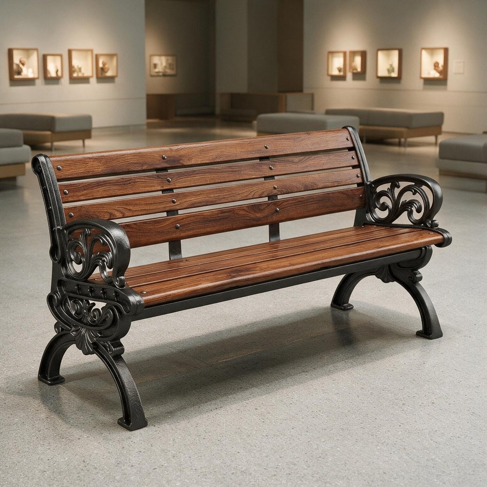 A wooden park bench with ornate black cast iron arms and legs, shown in a spacious, modern art gallery or museum interior.