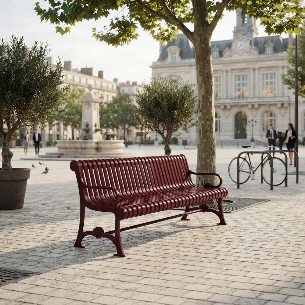 A red metal park bench in a paved public square with trees, a fountain, historic buildings, and a few people in the background.