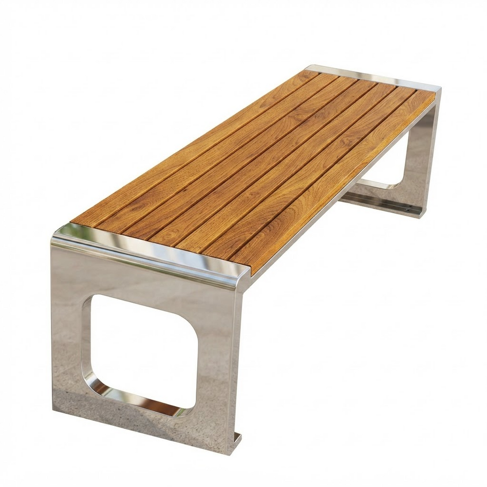A modern outdoor bench with a warm brown wooden slatted seat and a polished silver stainless steel frame, shown on a plain white background.
