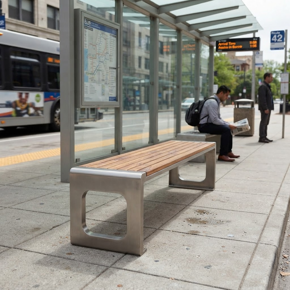A modern stainless steel and wood bench at a city bus stop, with a person sitting nearby and a bus visible in the background.