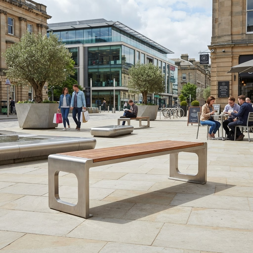 A modern outdoor bench with a warm brown wooden seat and brushed silver metal frame, situated in a paved public square with people and buildings in the background.