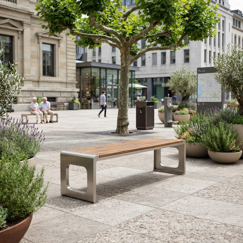 A modern outdoor bench with a light brown wooden seat and silver metal frame, situated in a paved urban plaza with potted plants, trees, and people in the background.